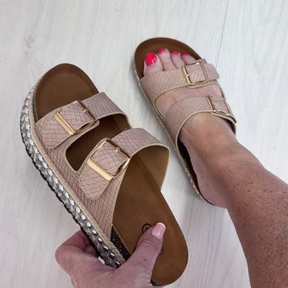 Nadia: Beige 2 strap wedge sliders. Sizes: 3-8