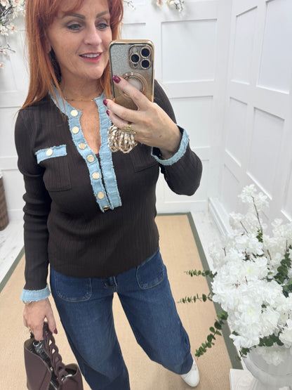 Harley: Brown blue & denim long sleeve top. One Sz: 10-16