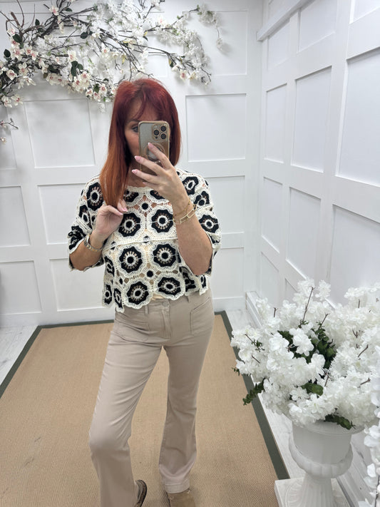 Candy: Black and cream short crochet top. One size: 12-16