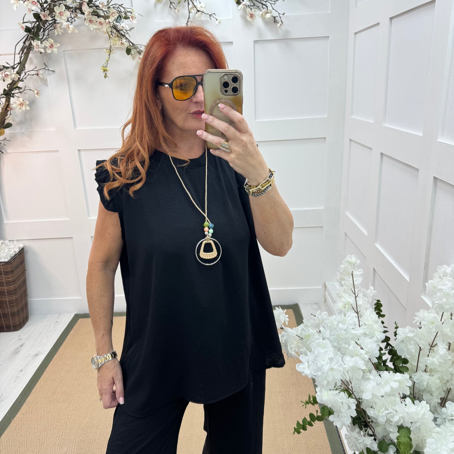 Ember: Black frill sleeve top & pendant. One size: 14-20