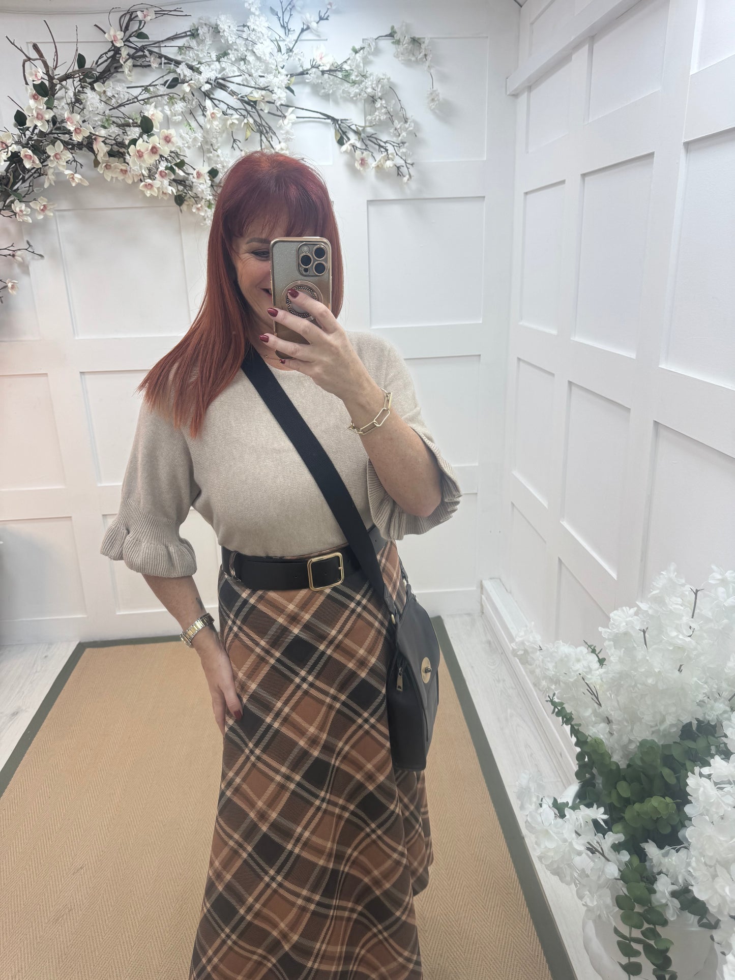 Sierra: Oatmeal batwing fluted sleeve knitted top. One Size 12-18/20