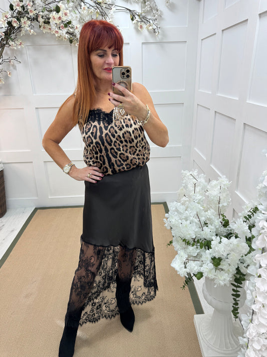 Sylphie: Brown Silk Skirt with Sheer Lace Bottom. One size: 10-16