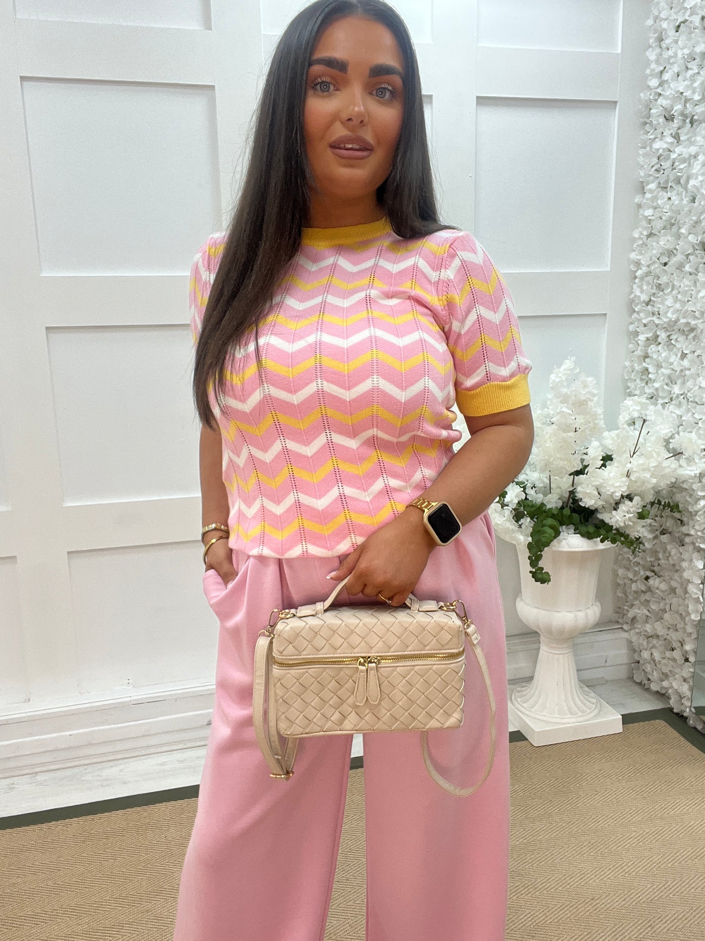 Kaya: Pink, white and yellow chevron short sleeved top. One Sz: 10-14