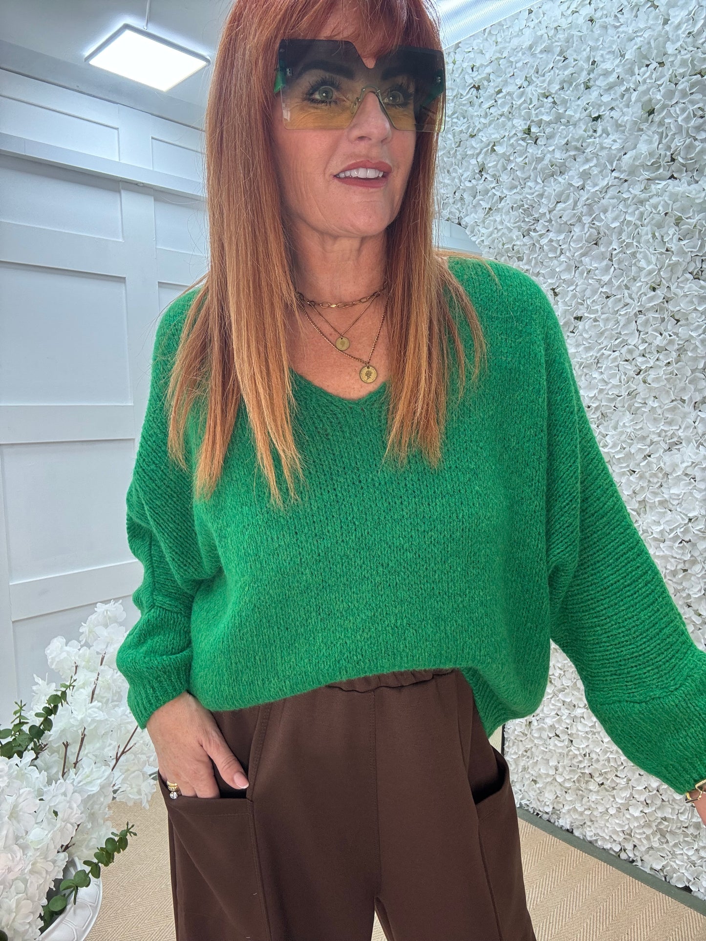 Alex: Green V neck knitted top. One size 14-20