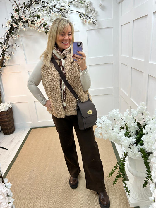 Hassie: Camel teddy bear gilet. One size 16-20