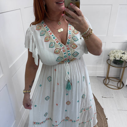 Georgia: White & green embroidered maxi dress. One size: 8-16