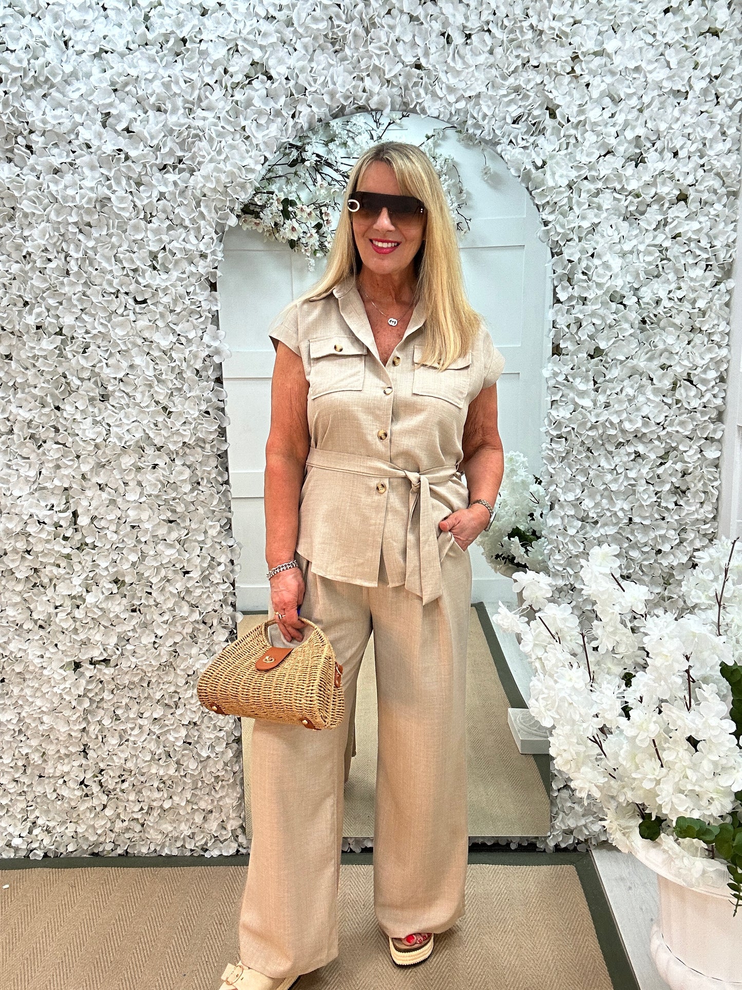 Clara: Beige belted shirt & trouser safari set. 2 sizes.