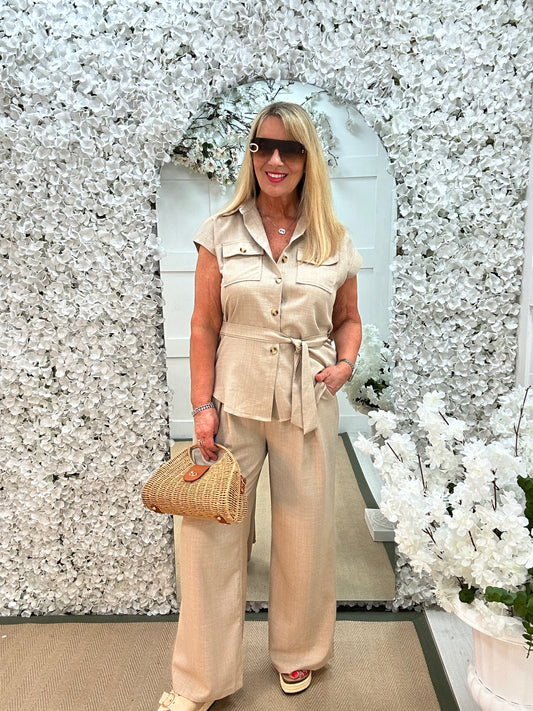 Clara: Beige belted shirt & trouser safari set. 2 sizes.