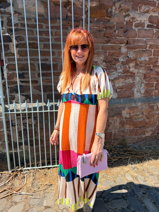 Alana: Abstract stripe V neck midi dress. One size: 10-14. 3 colours