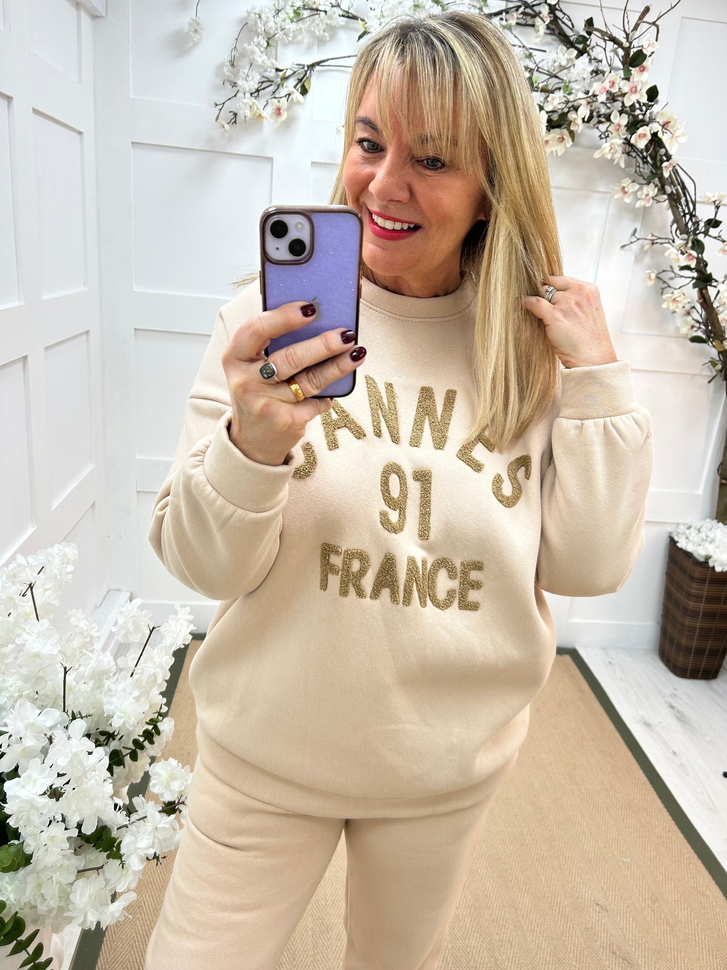 Chloe: Cream Cannes 2 piece loungewear set. One size: 14-18