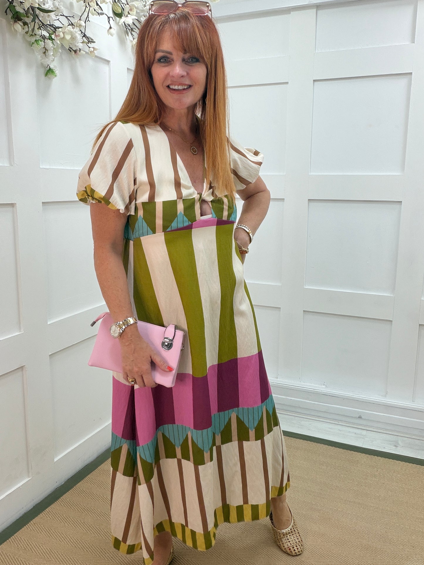 Alana: Abstract stripe V neck midi dress. One size: 10-14. 3 colours
