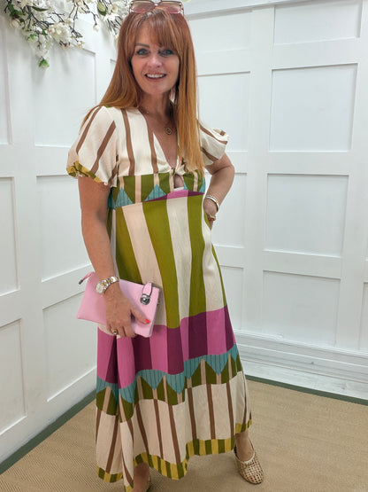 Alana: Abstract stripe V neck midi dress. One size: 10-14. 3 colours