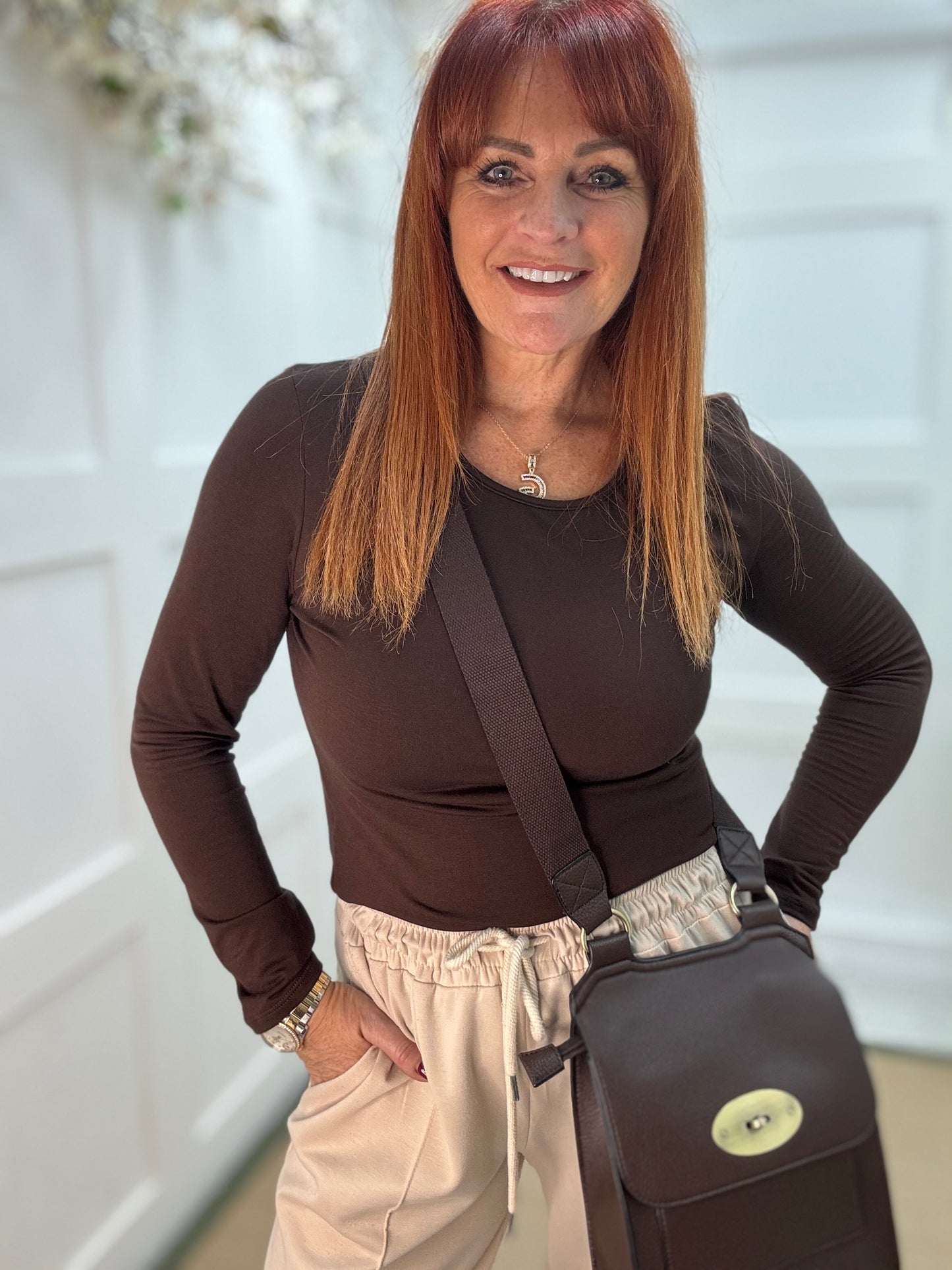 Bessie: Brown basic long sleeve top. One size: 10-16/18