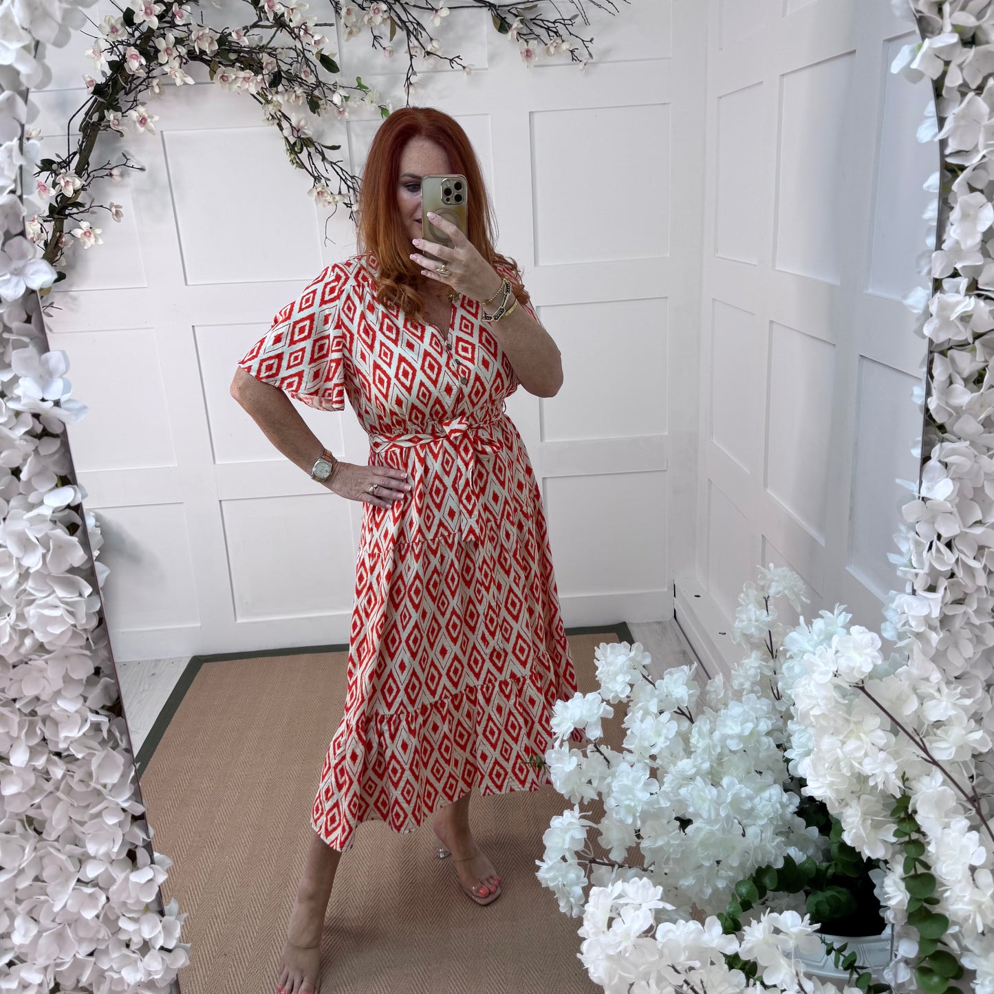 Yamina: Red & white diamond V neck midi dress. 4 sizes
