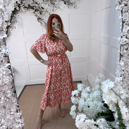 Yamina: Red & white diamond V neck midi dress. 4 sizes