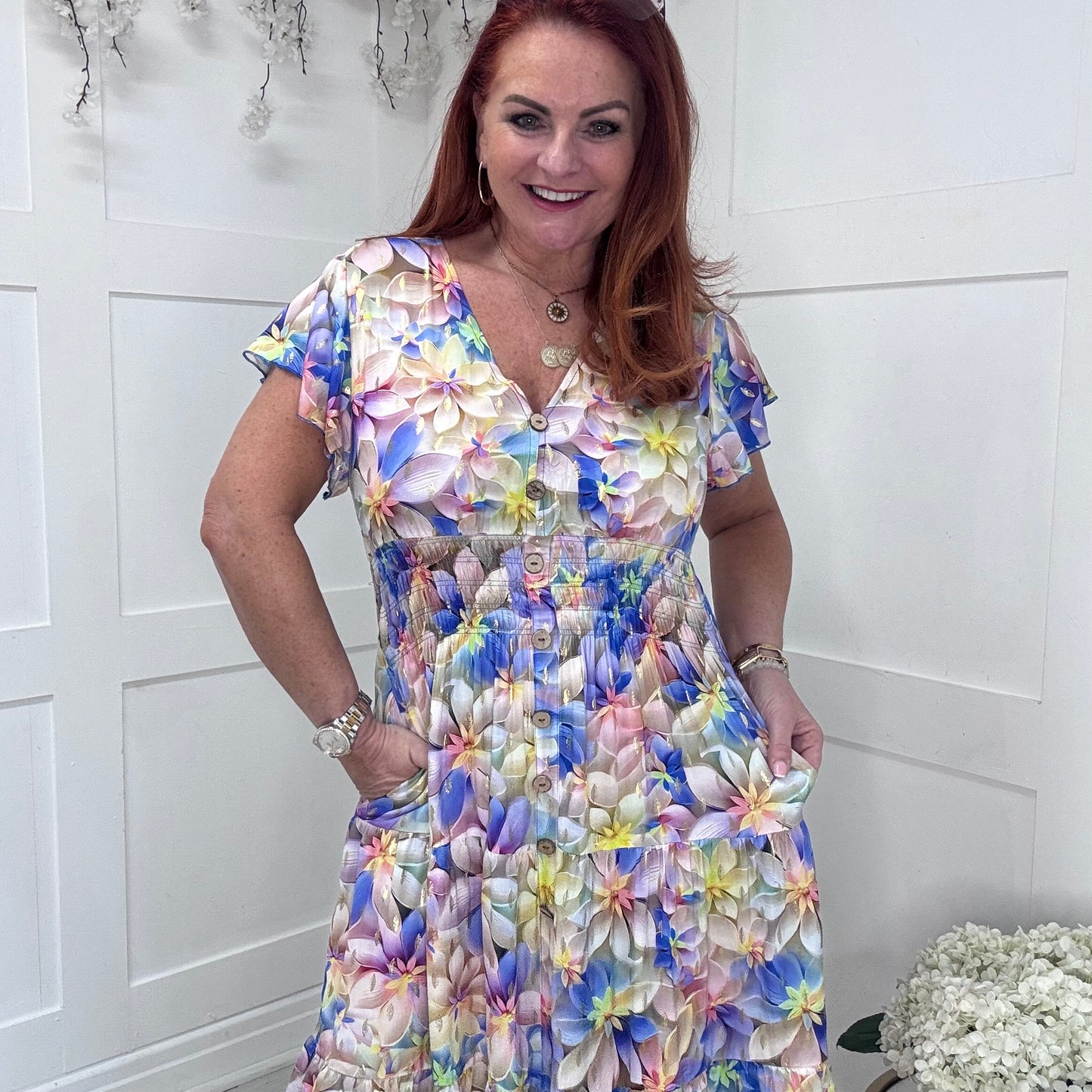 Emmy: Multicoloured stretchy V neck midi dress. One size: 10-20