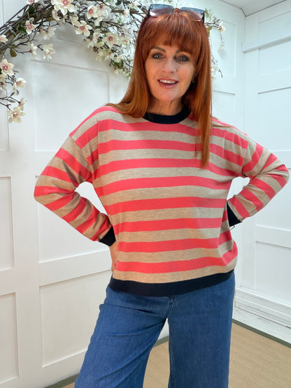 Solene: Coral & stone stripe long sleeve top. One size: 12-16