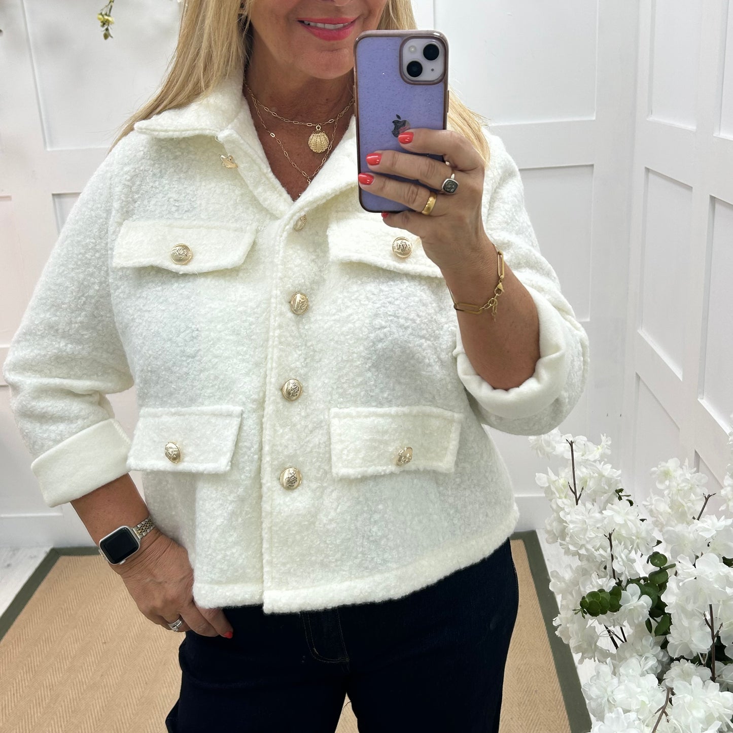 Bridget: White short boucle button jacket. One: 12-20