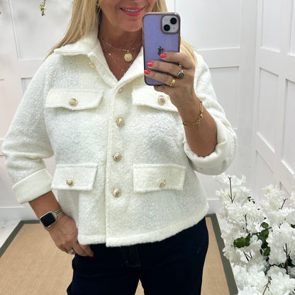 Bridget: White short boucle button jacket. One: 12-20
