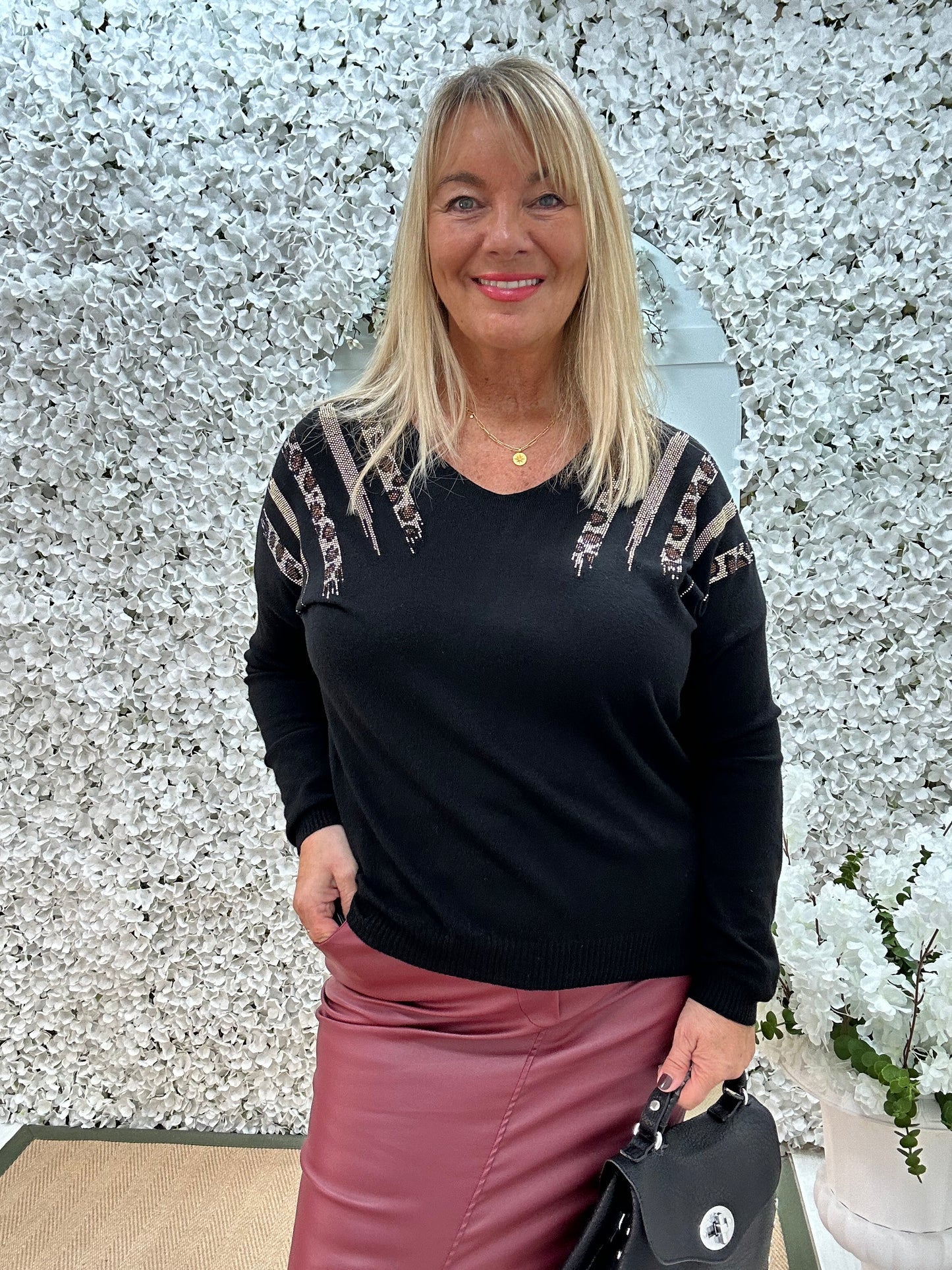 Pasha: Black leopard print sequin top. One size: 12-18