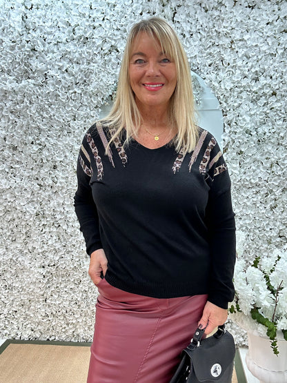 Pasha: Black leopard print sequin top. One size: 12-18