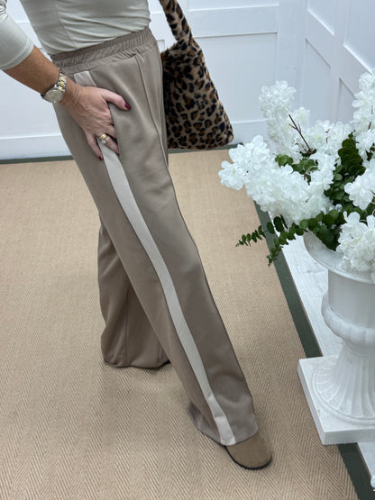Savanna: Mocha cream sport stripe stretchy wide leg pocket trousers. One size 10-16
