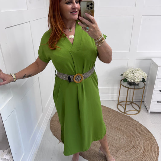 Azora: Apple green V neck belted midi dress. One size 10-18