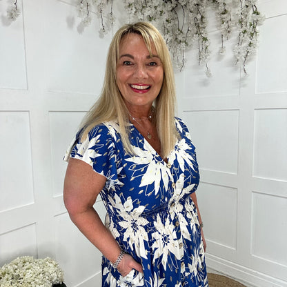 Emmy: Blue & white stretchy V neck midi dress. One size: 10-20