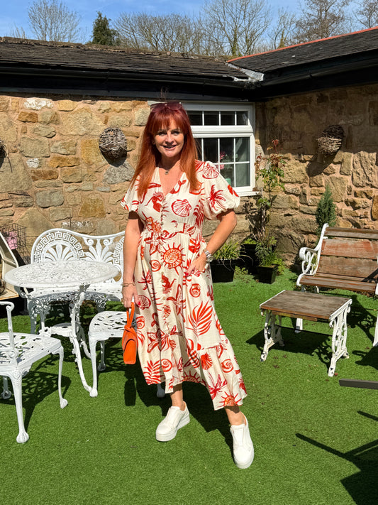 Ruby: Cream & orange coastal print V neck button dress. 4 sizes.