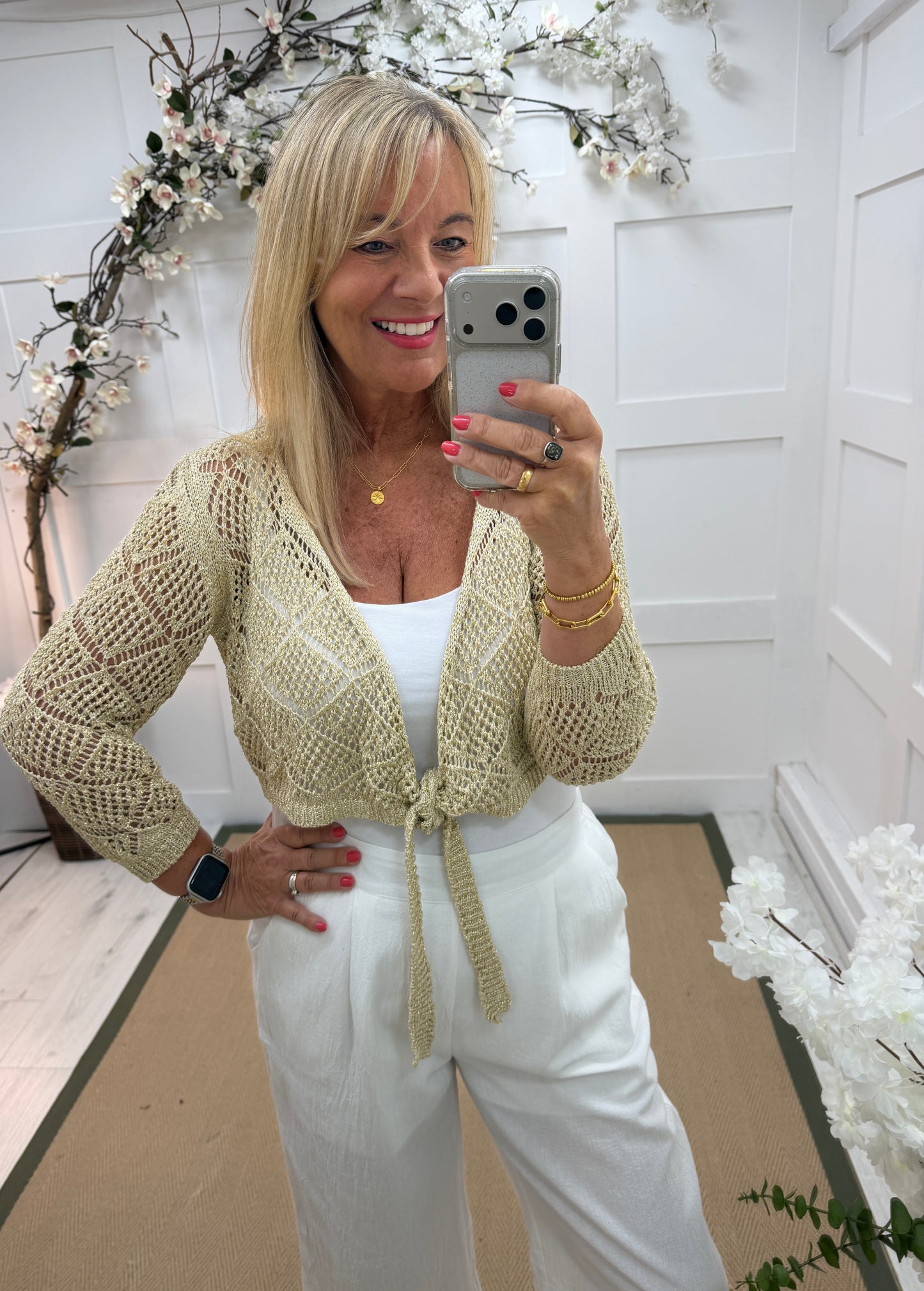 Selena: Gold short tie front crochet shrug. One size: 10-16