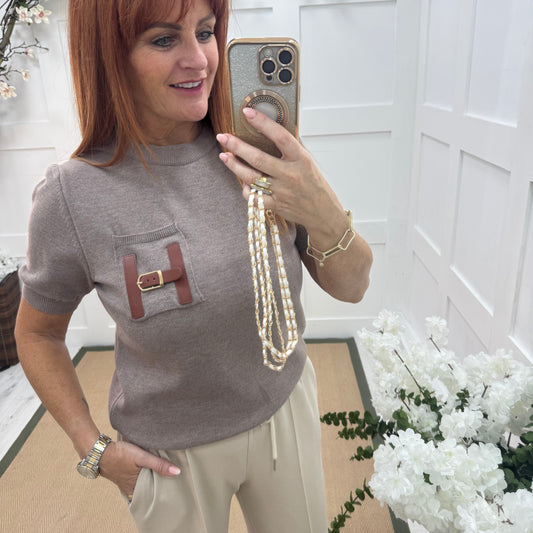 Harley: Mocha H logo knit top. One size: 10-16