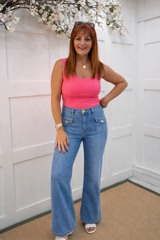 Manda: Mid blue front pocket jeans. Sizes: 8-16