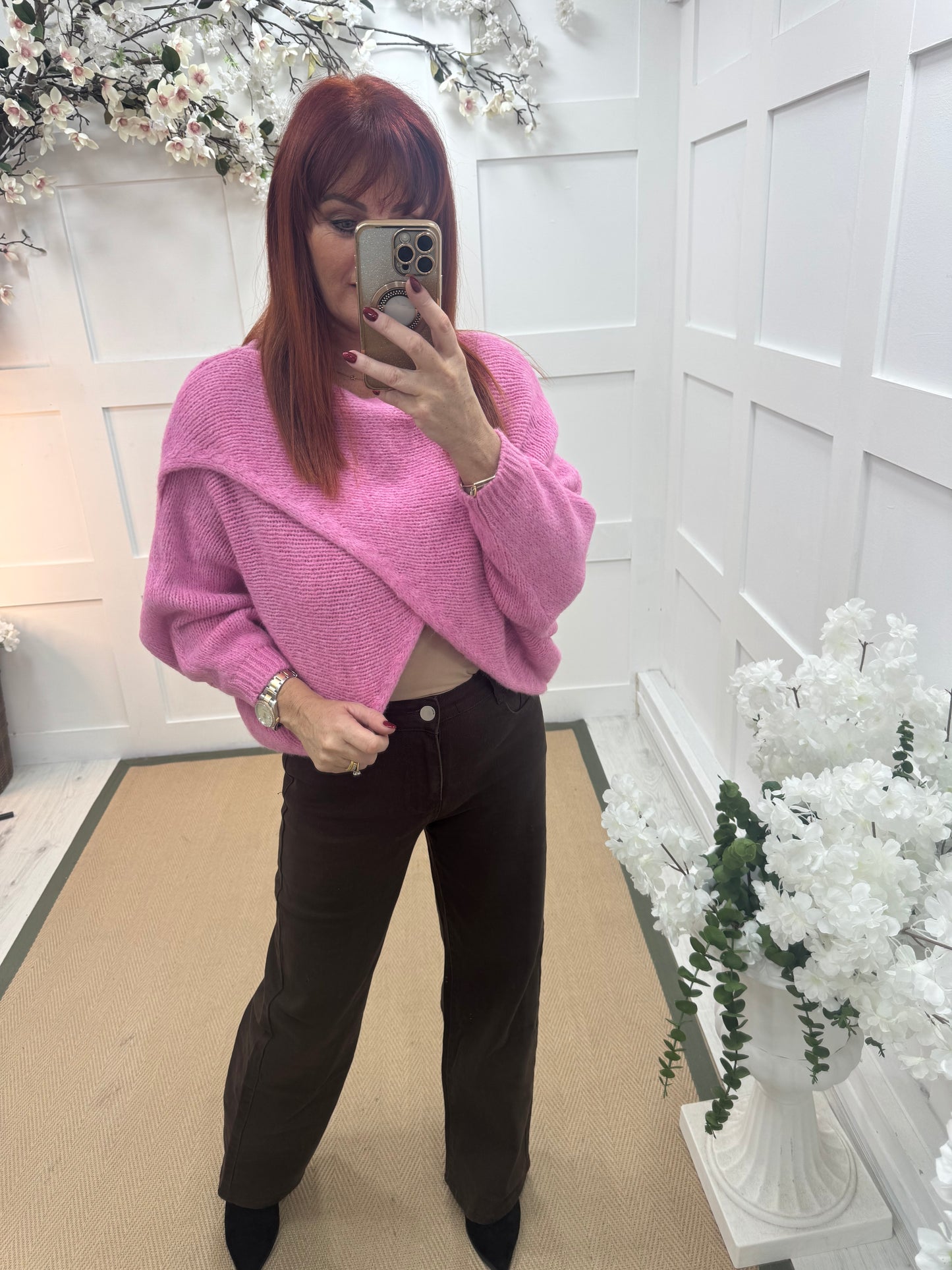 Willow: Pink stretchy short wrap top. One size: 10-18