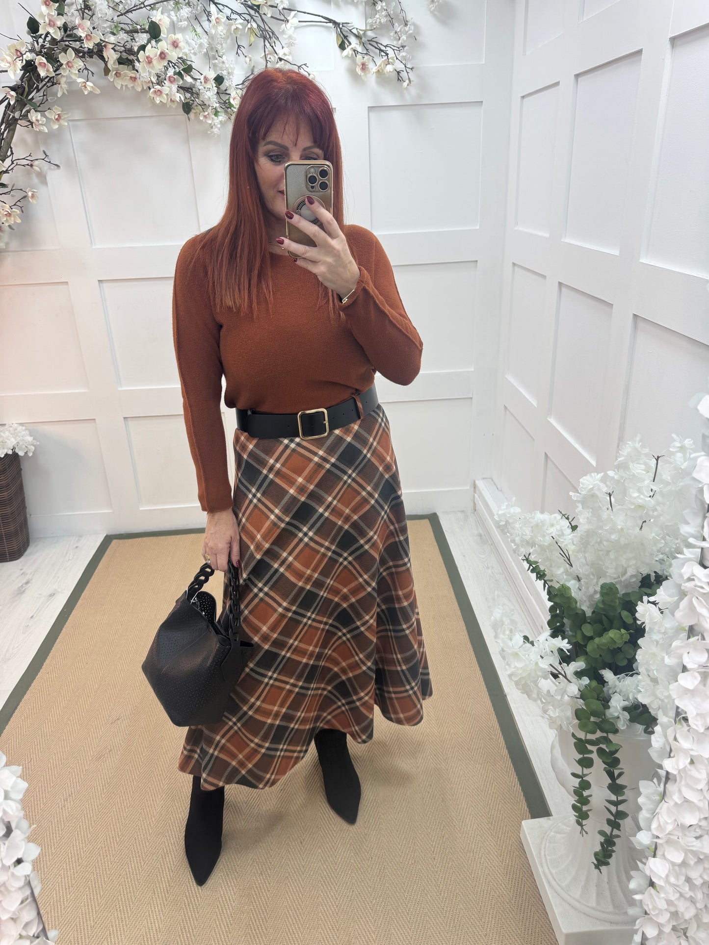 Cara: Orange belted tartan check skirt. One size 10-16