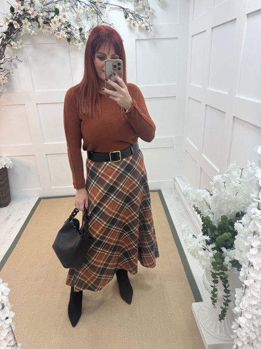 Cara: Orange belted tartan check skirt. One size 10-16