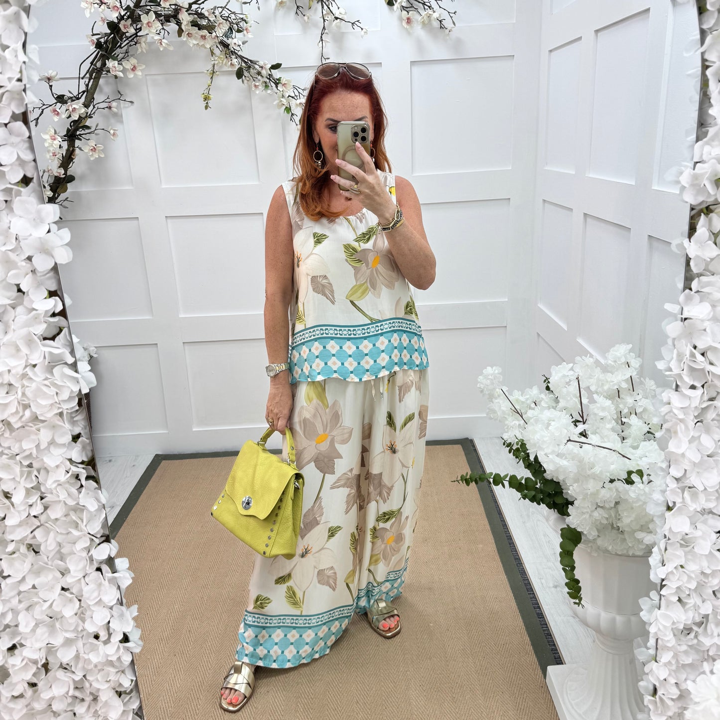 Bianca: Blue silky floral print wide leg trousers. One size: 10-16/18