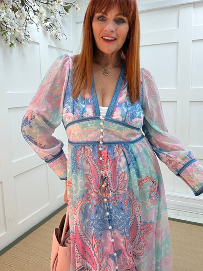 Ava: Pastel blue & pink paisley print V neck dress. 5 sizes