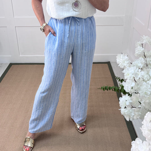 Alice: Blue & white stripe wide leg trousers. One size: 10-14