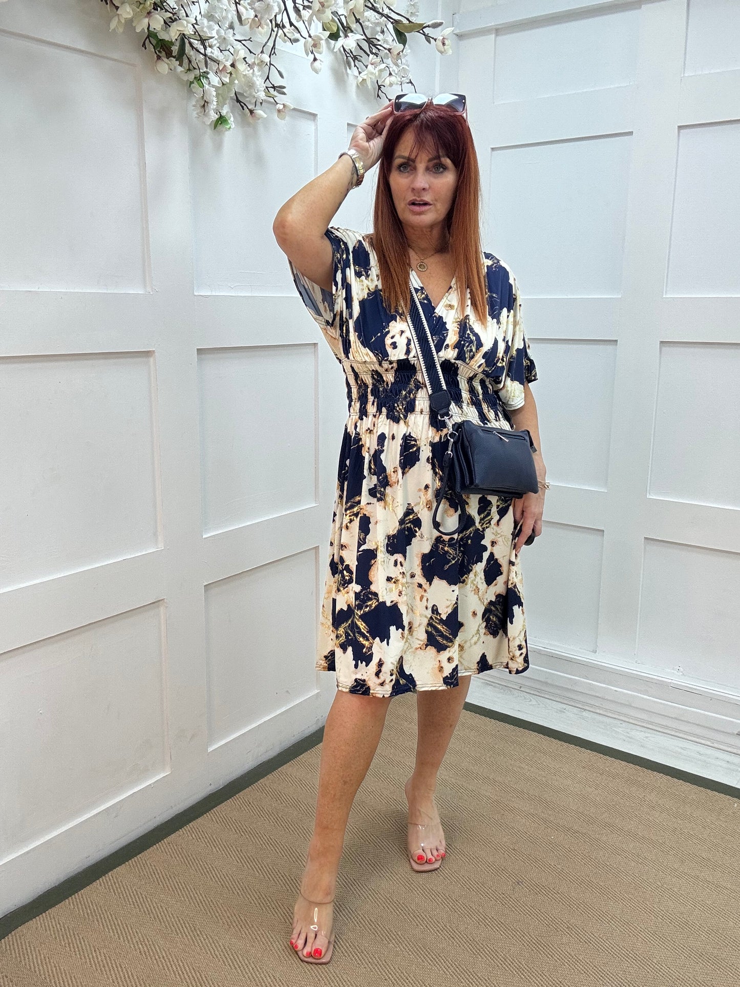 Dixi: Navy & cream stretchy midi wrap dress. One size 12-22