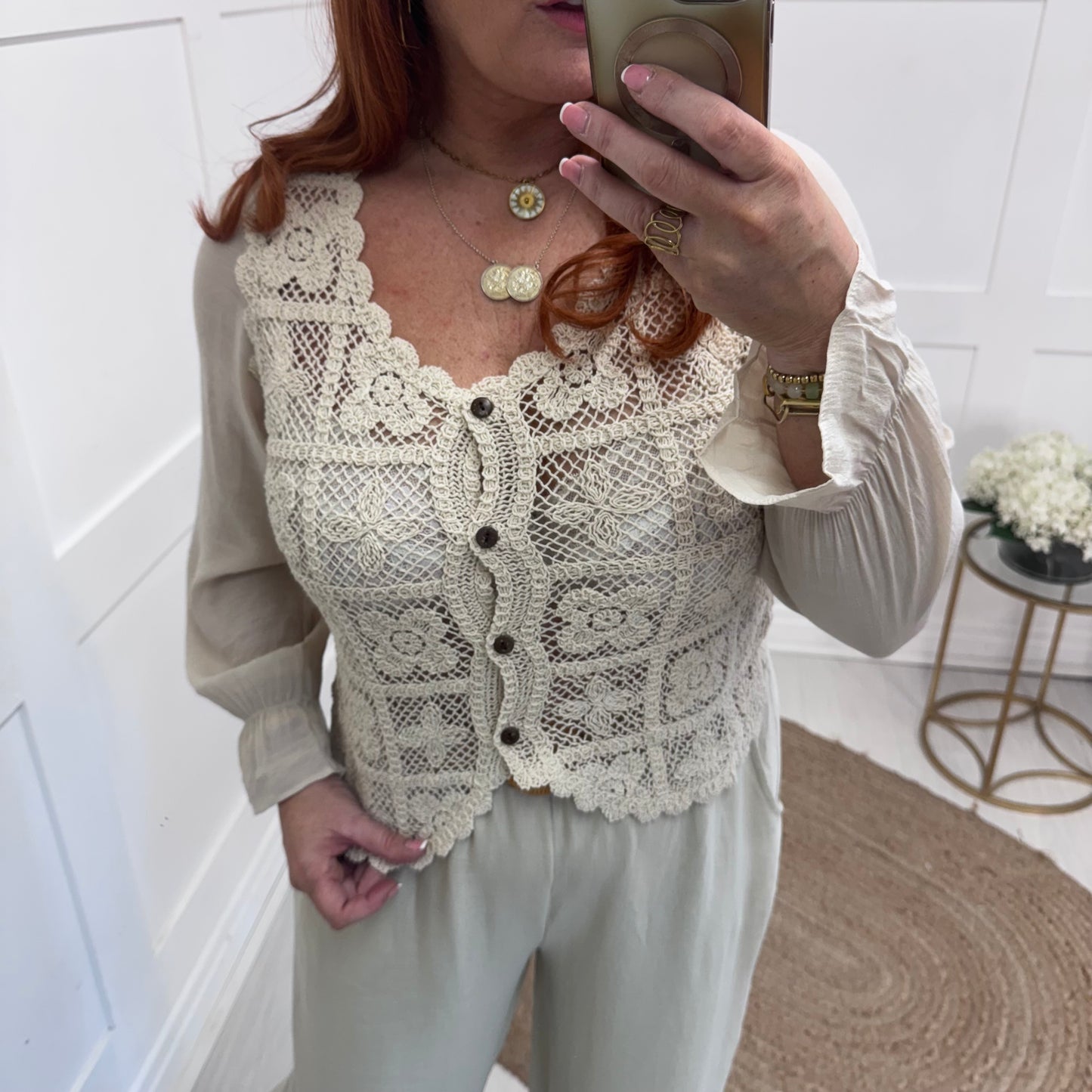 Rosalie: Cream crochet top with long sleeves: 2 sizes