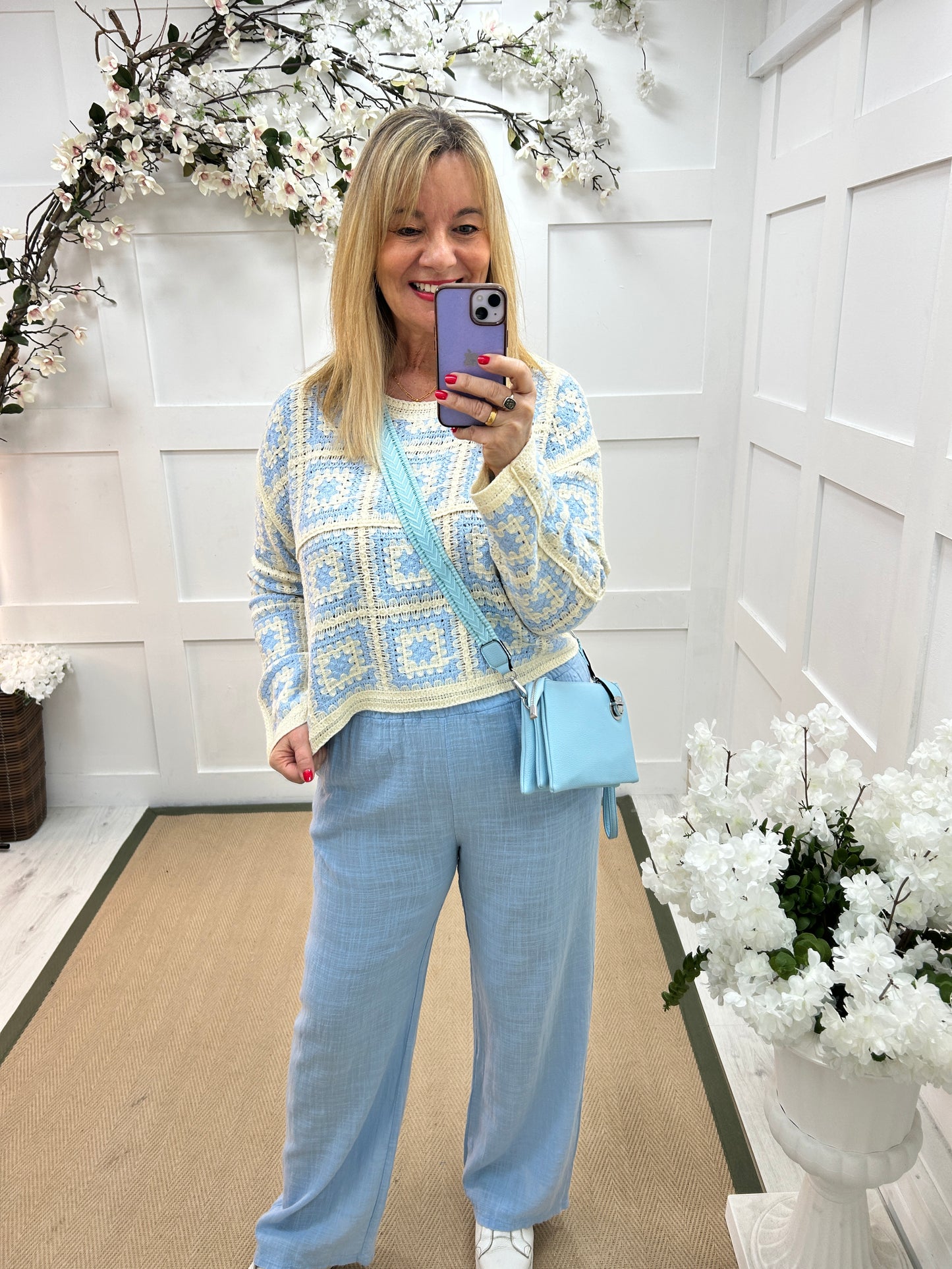 Carly: Blue and cream long sleeve crochet top. One size: 14-18