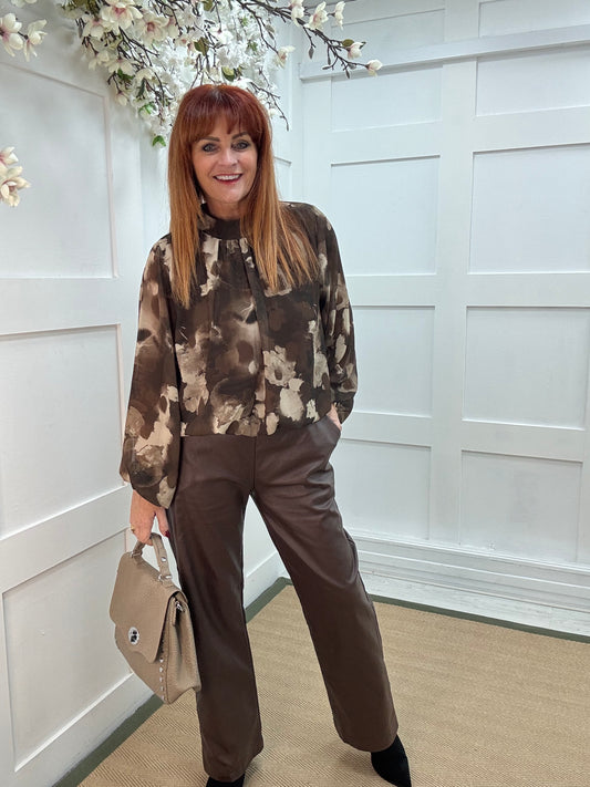 Holly: Brown & cream print high neck top. One size: 10-16