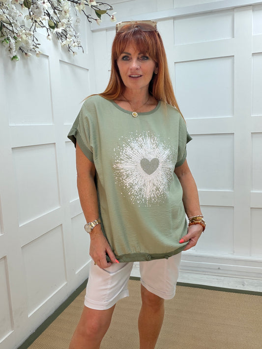 Honey: Silver diamanté heart burst top. One size: 10-16. 3 colours