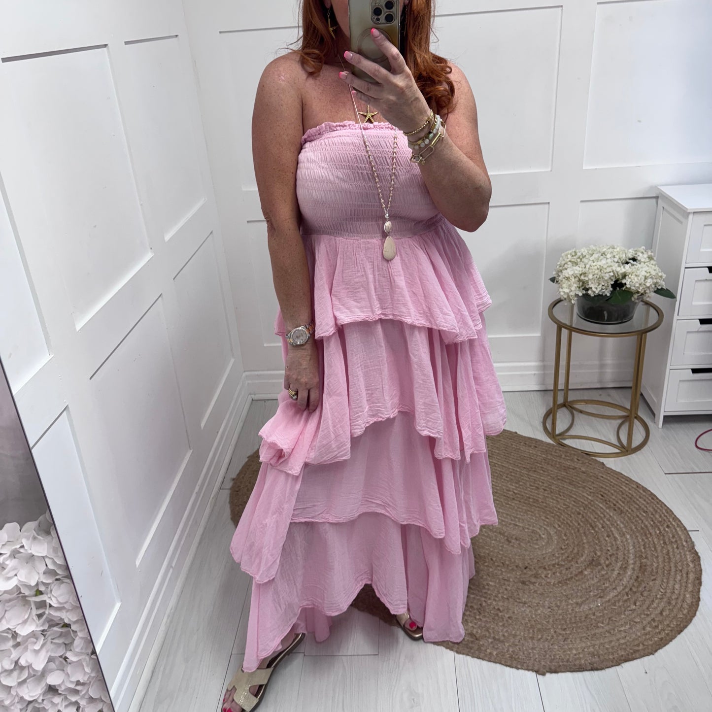 Kellie: Pink boobtube cotton rara dress. One size: 10-18