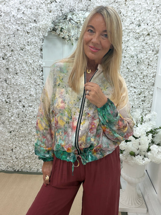 Monet: Silky watercolour printed bomber jacket. One size: 14-18. 3 colours