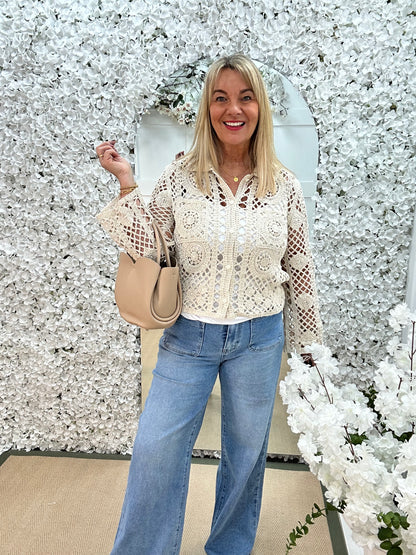 Lainey: Cream crochet shirt top. One size: 12-16