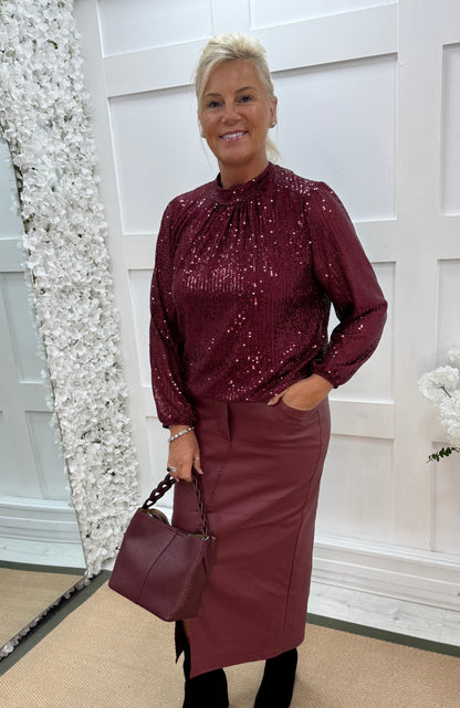 Mia: Burgundy high neck sequin top. One size: 10-16
