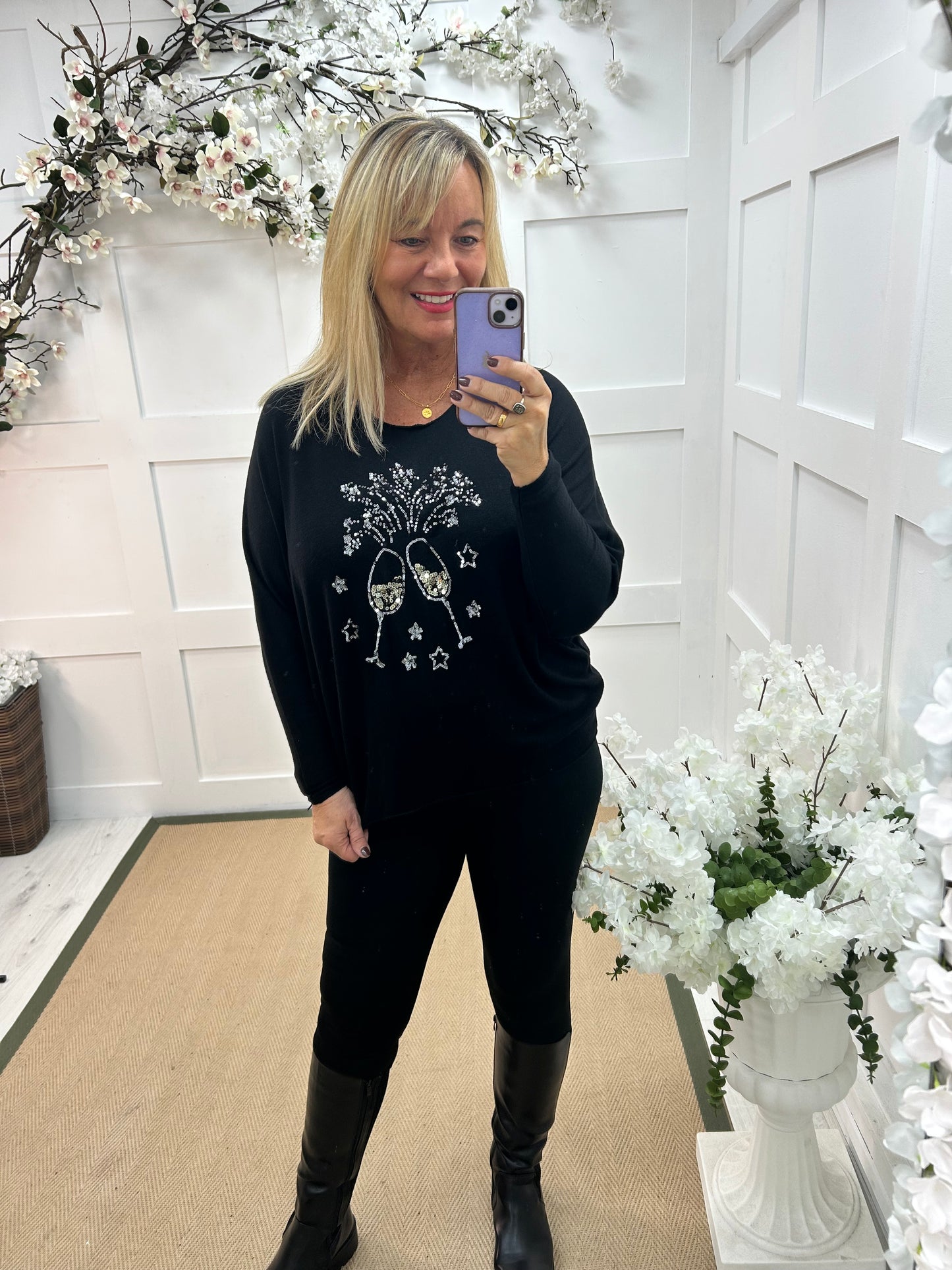 Cynthia: Black and gold wine glass sequin top. One size: 14-18