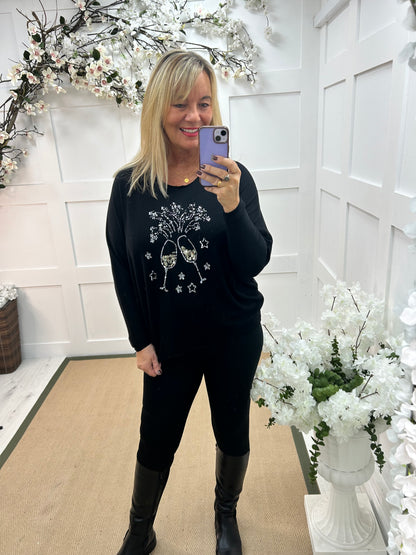 Cynthia: Black and gold wine glass sequin top. One size: 14-18