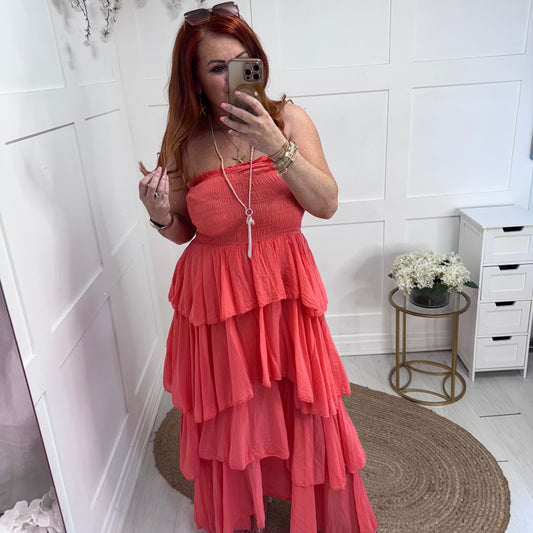 Kellie: Coral boobtube cotton rara dress. One size: 10-18